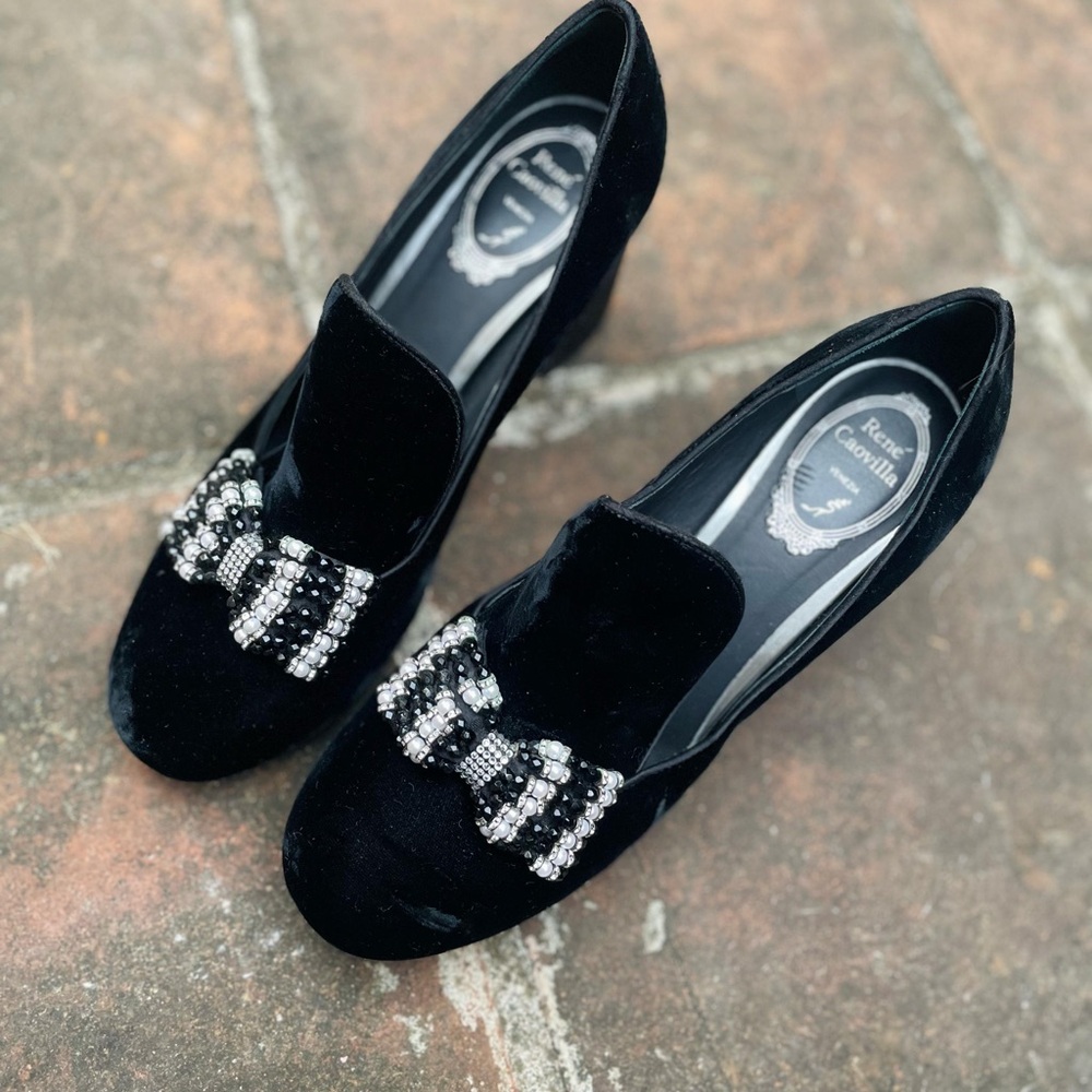 Rene Caovilla Black Velvet Loafers with Embellished Bow